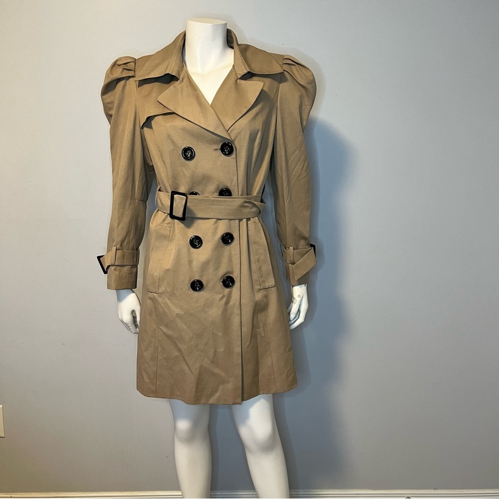 Attitude Double Breasted Puffed Shoulder Belted Trench Coat Beige Size 14